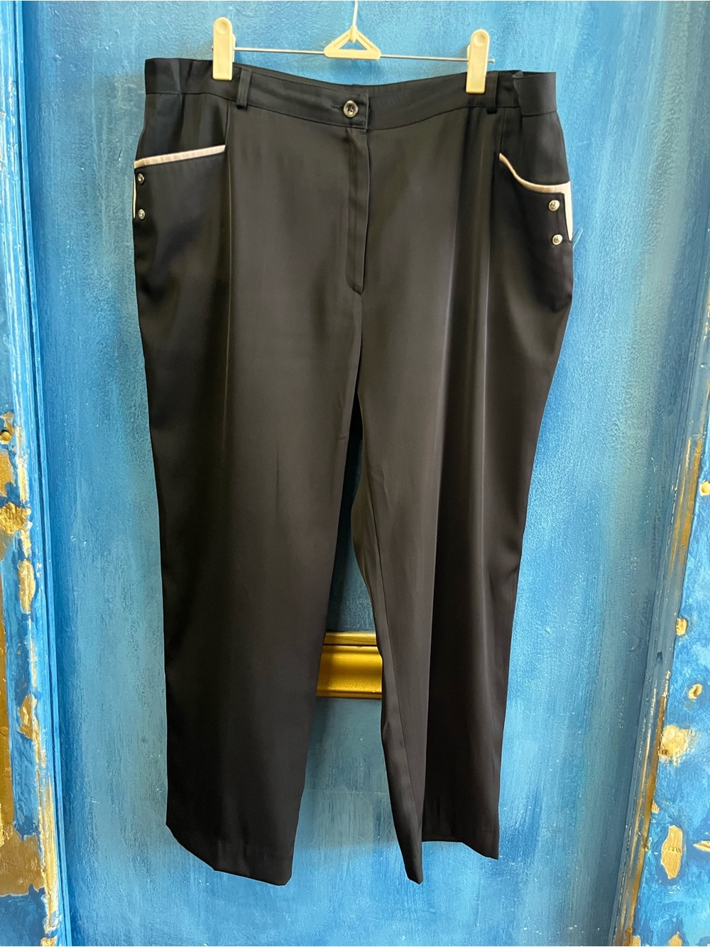 Classic Black Men's Dress Pants with Cream Pocket Trim